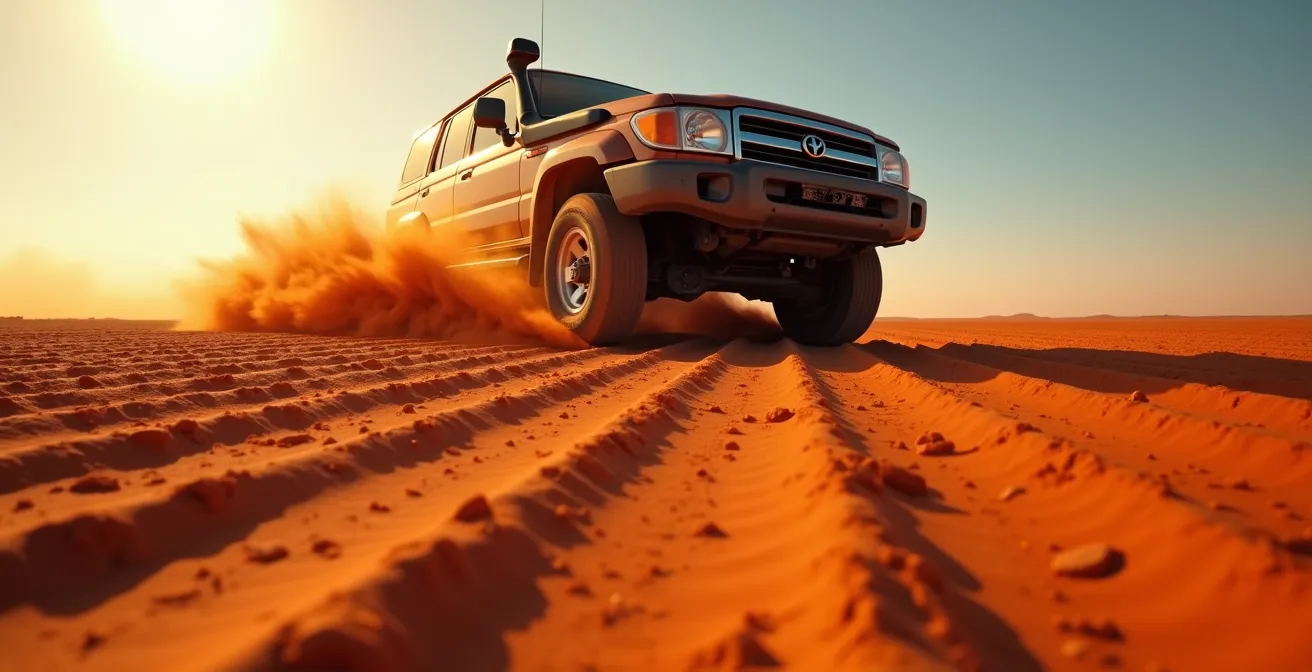 4WD vehicle navigating corrugated dirt road in Australian outback