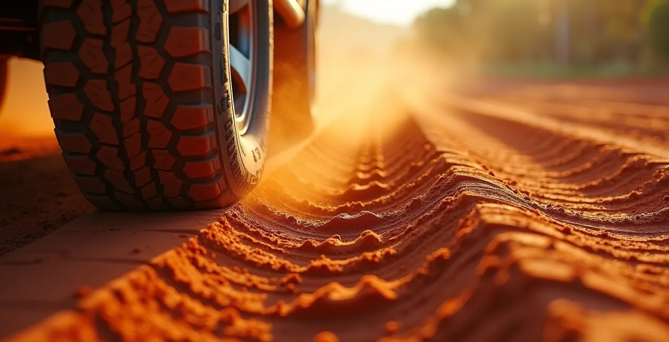 Close-up view of 4WD tyres gripping corrugated red dirt road surface