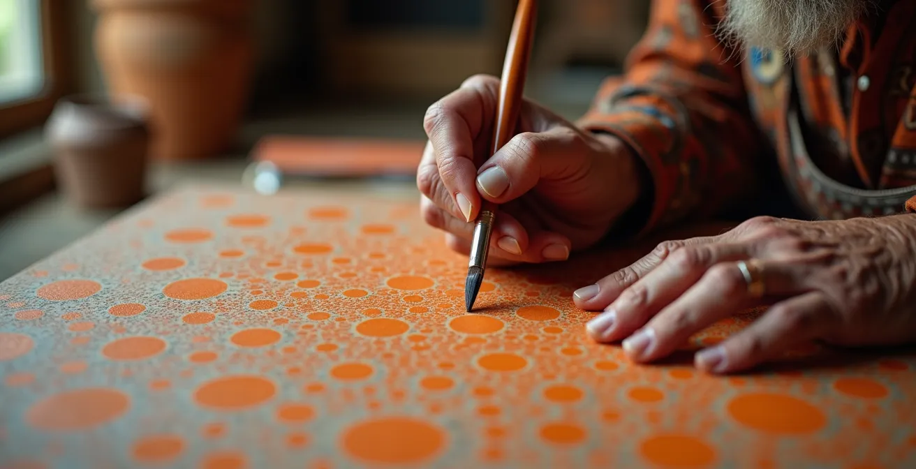 Close-up of weathered hands holding a paint brush creating traditional dot patterns