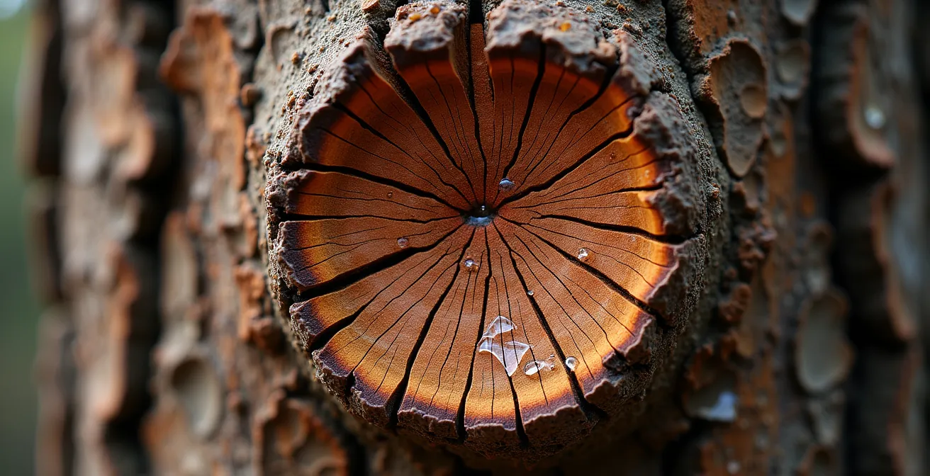 Detailed view of an ancient eucalyptus tree showing healed scar with distinctive oval shape and bark regrowth patterns