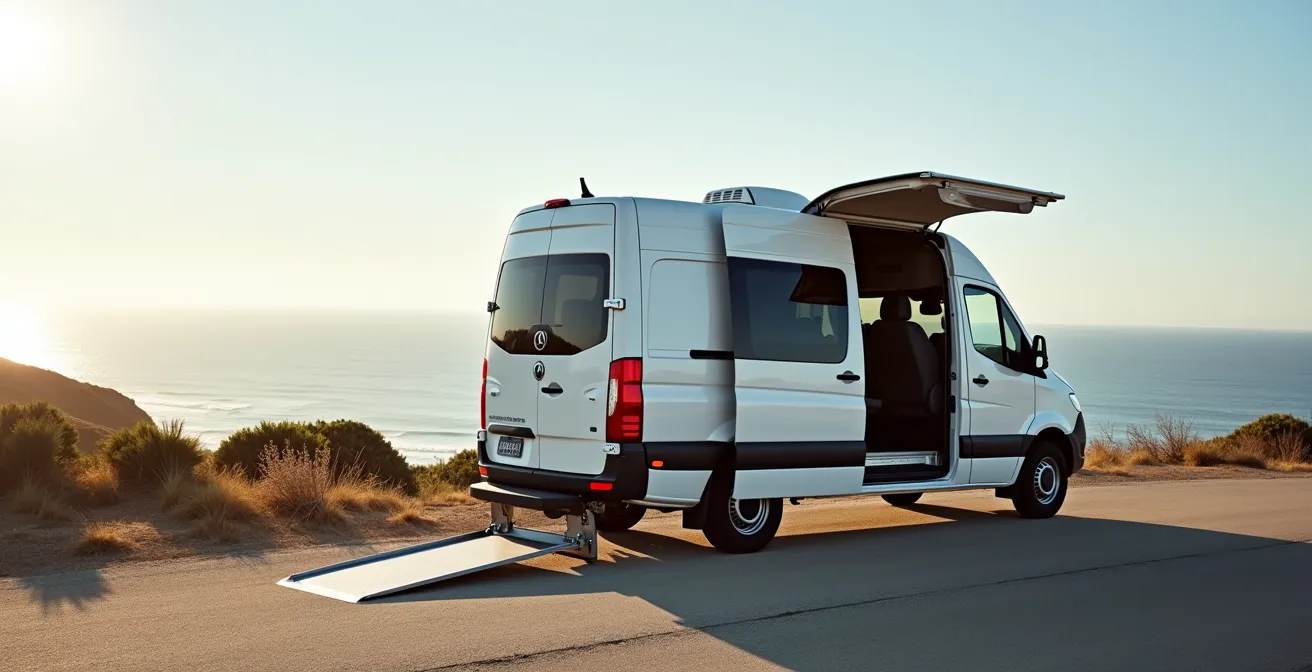 Side view of a modern accessible rental van with wheelchair ramp extended in an Australian coastal parking area