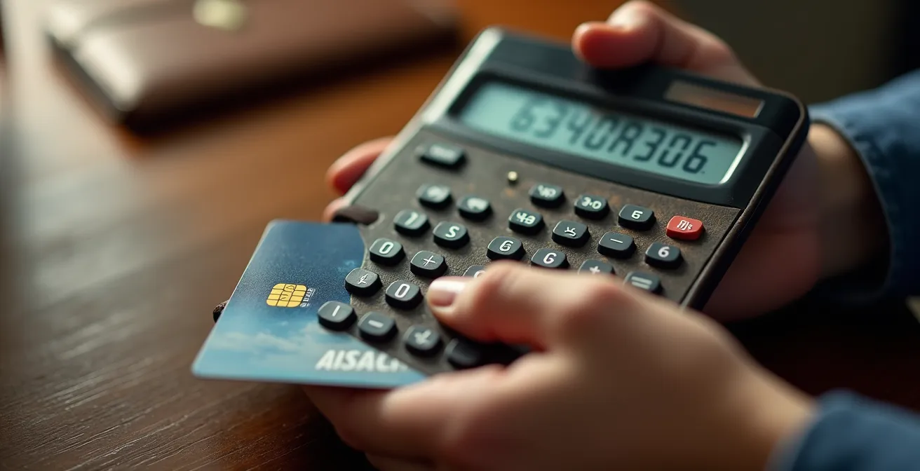 Close-up of hands holding a calculator next to an airline boarding pass and credit cards