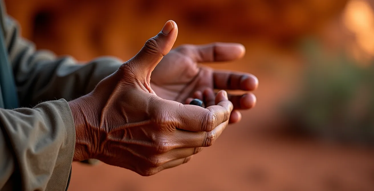Aboriginal elder's hands gesturing while teaching, with Uluru's ancient rock art cave in soft background