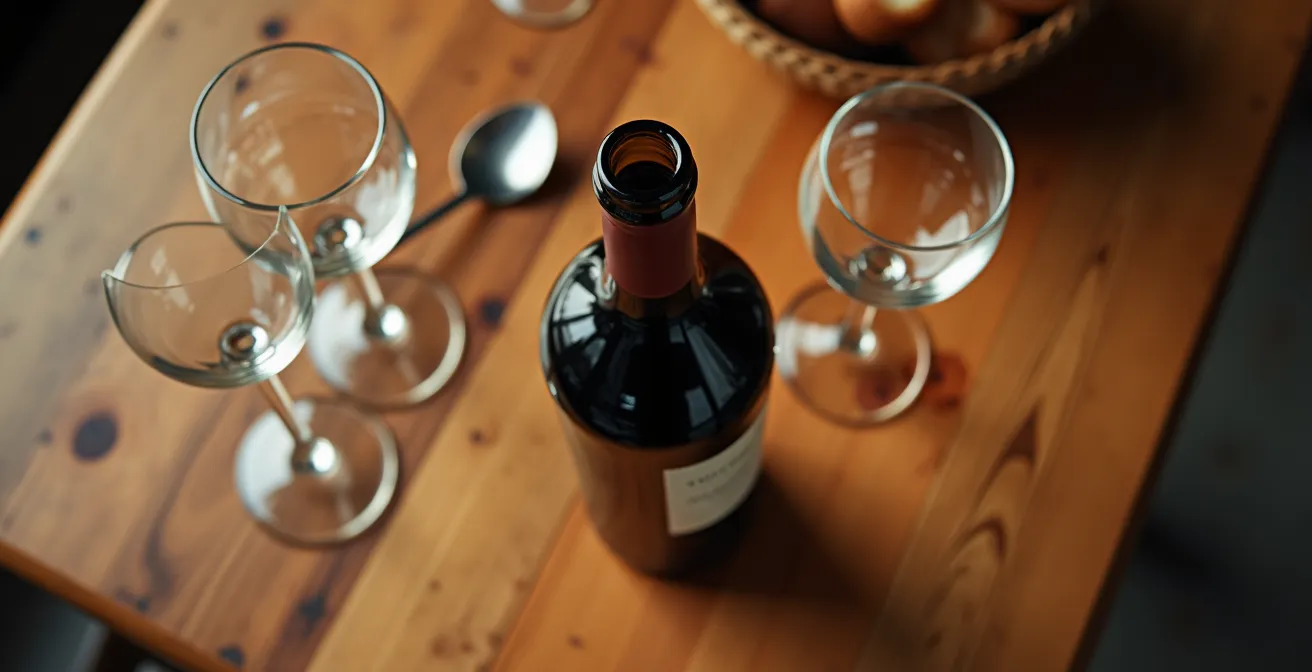 Overhead view of restaurant table with wine bottle and glasses suggesting BYO dining
