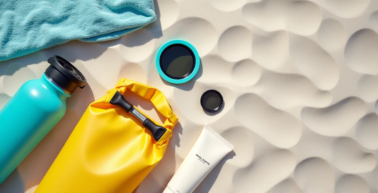 Overhead view of beach essentials arranged on white sand including waterproof bags and sun protection