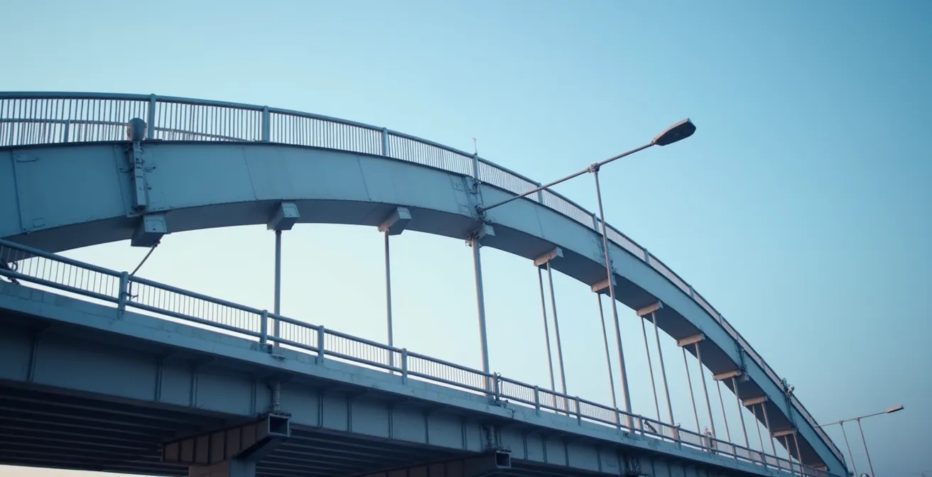 Close-up detail of steel safety rail and harness latch mechanism on bridge structure