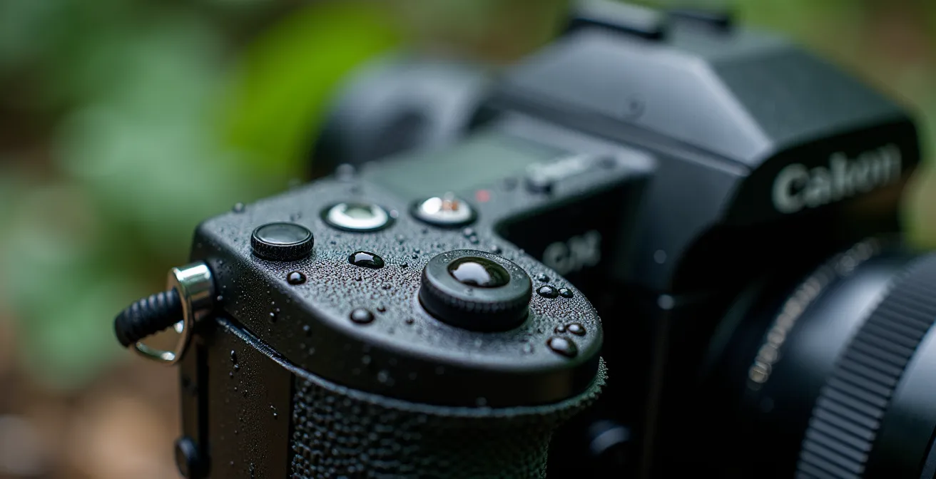Macro shot of camera equipment with moisture condensation and protective gear