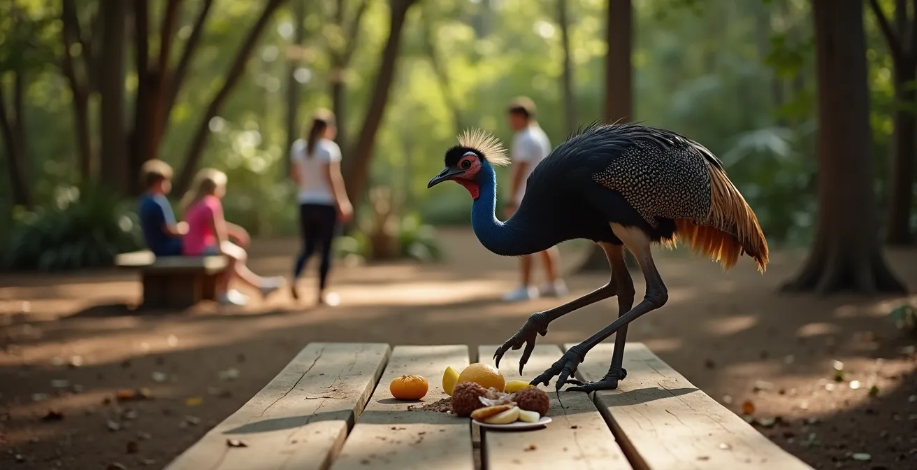 A cassowary approaching an abandoned picnic area while people retreat to safe distance