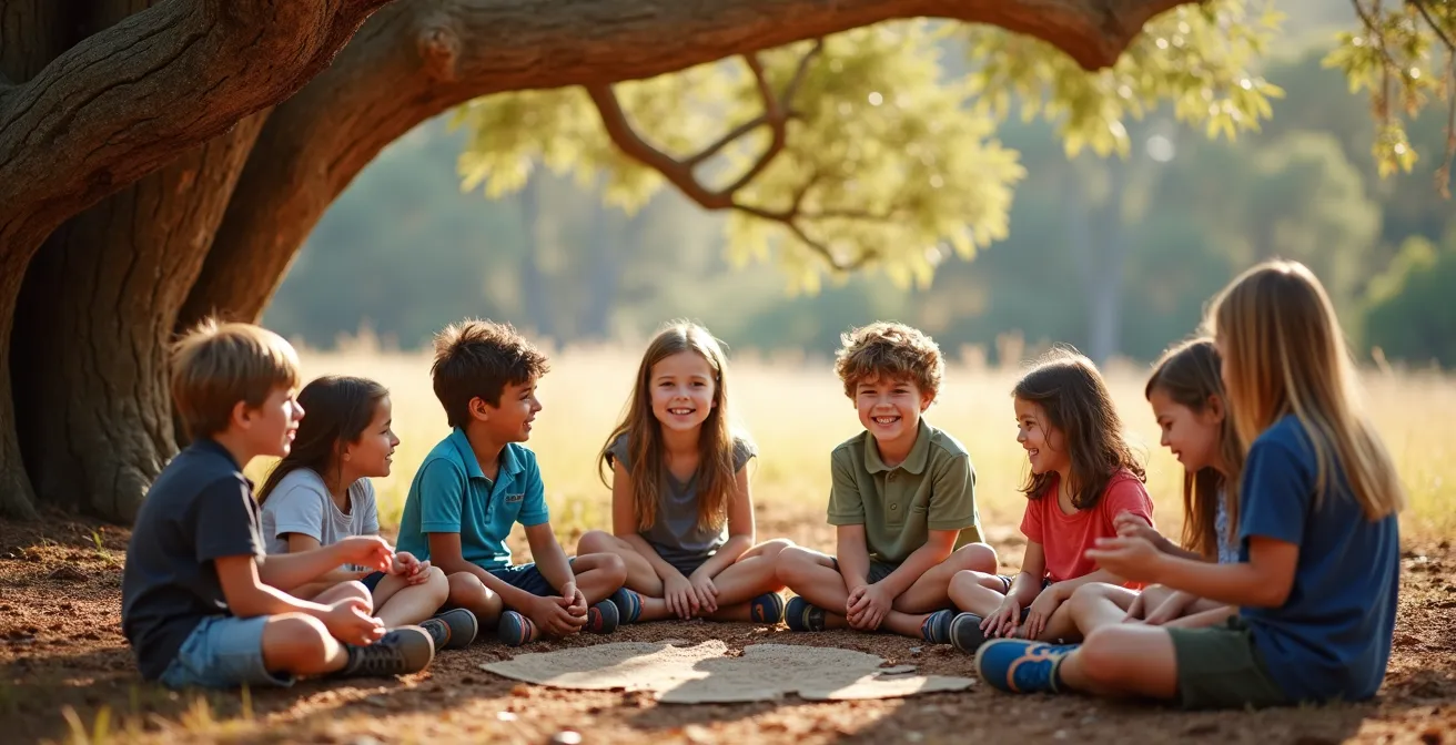 Children sitting in circle formation outdoors listening to storytelling under ancient tree