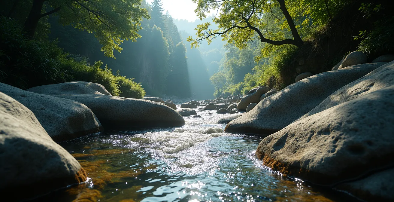 Wide angle view of Mossman Gorge's clear waters with smooth granite boulders and rainforest canopy