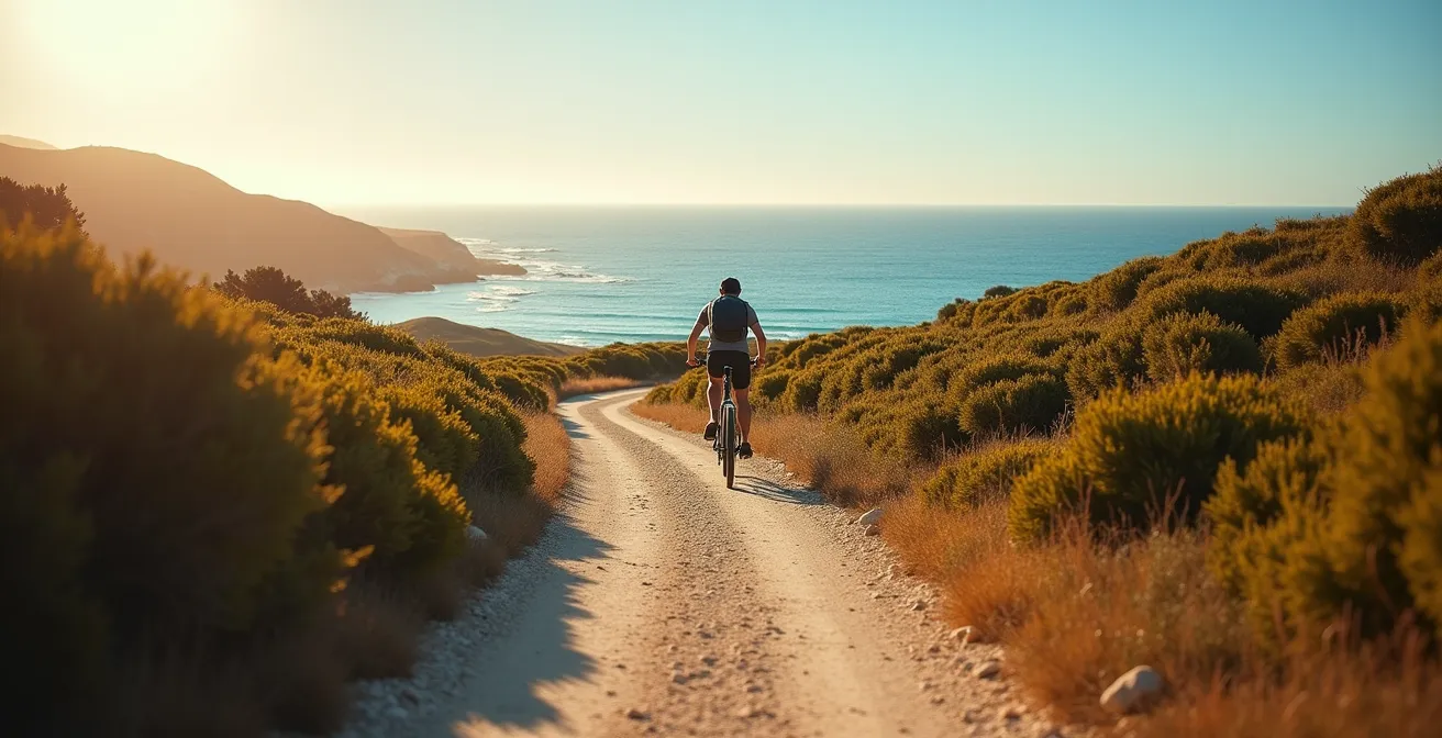 Wide environmental shot of a cyclist on an e-bike navigating a coastal trail on Rottnest Island with native bushland