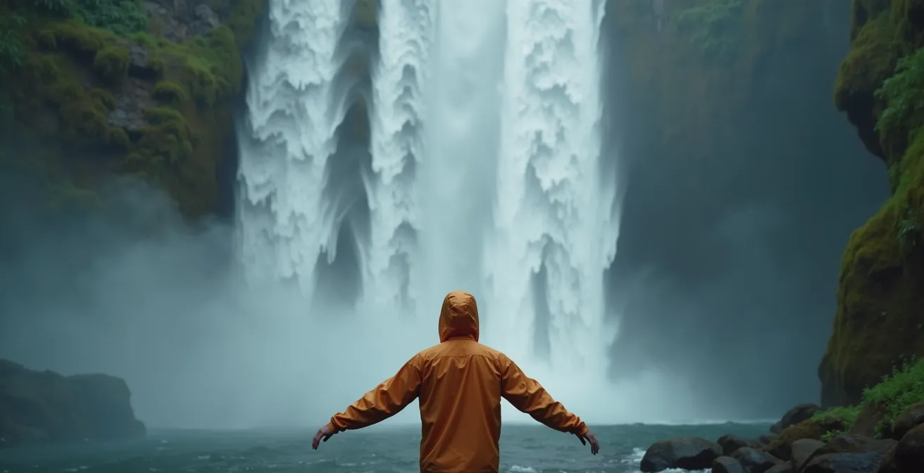 Dramatic waterfall in lush green landscape during wet season