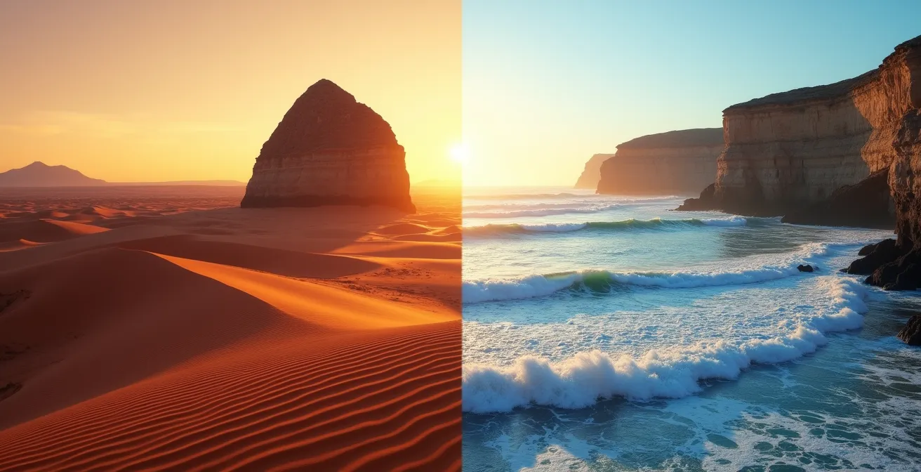 Split composition showing Uluru desert at sunset and dramatic ocean cliffs
