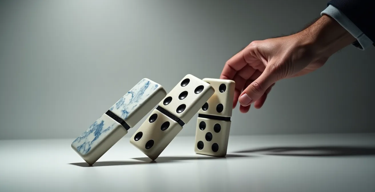 Visual metaphor of travel protection showing domino pieces being stopped from falling.