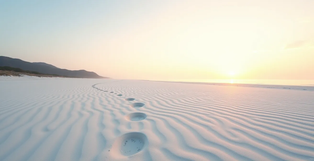 Wide shot of empty Whitehaven Beach during golden hour with single footprint trail in sand
