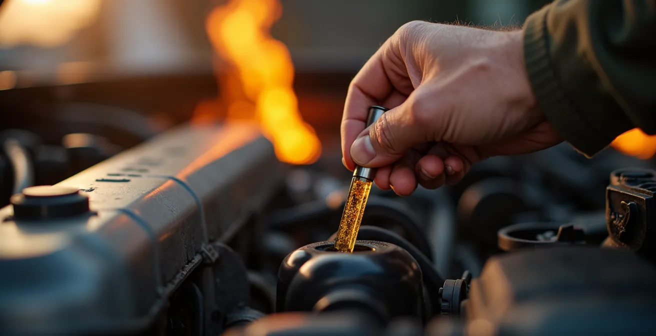 Hands checking an engine oil dipstick in harsh desert conditions