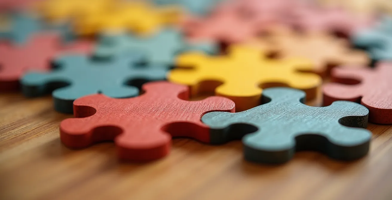 Creative visualization of puzzle pieces fitting together, representing family accommodation configurations.