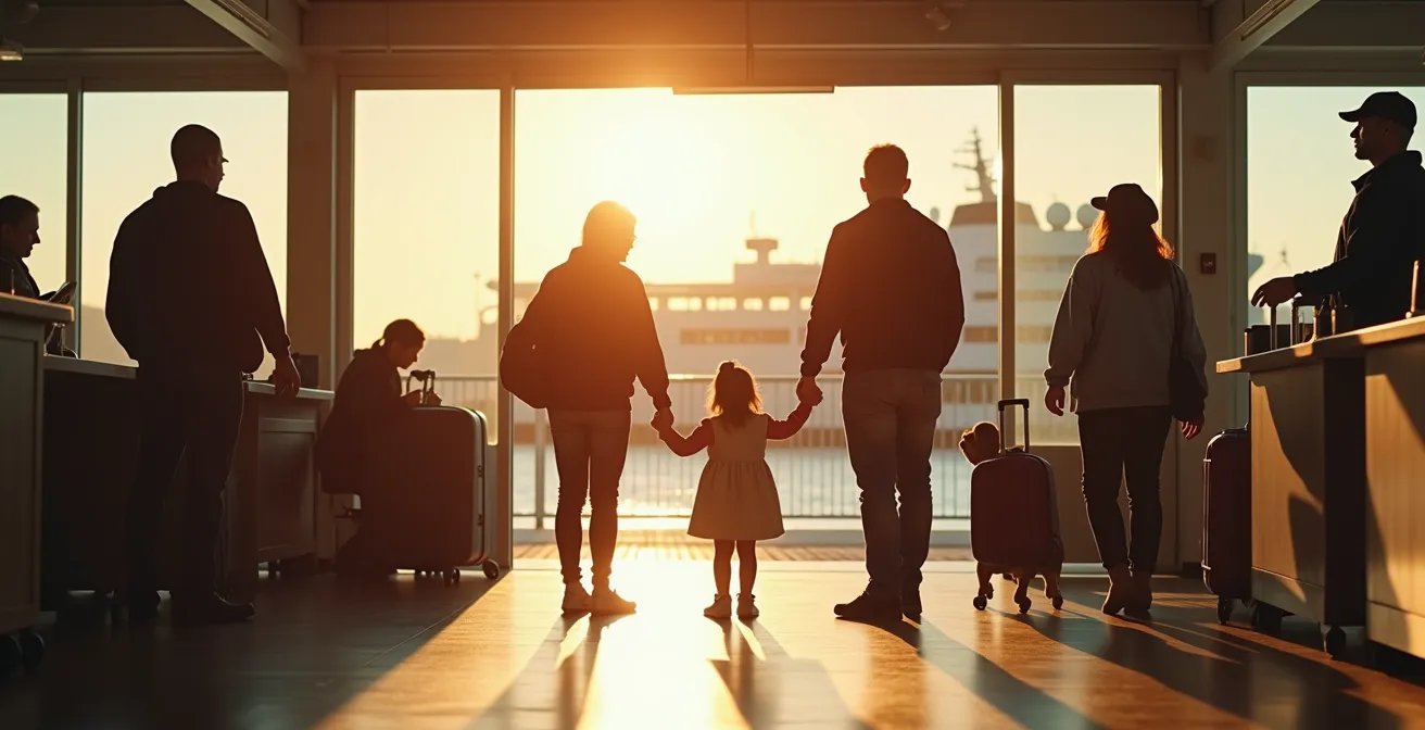 Small ferry terminal with biosecurity inspection area and travelers checking bags