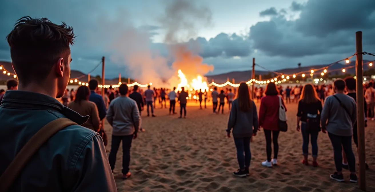 Visitors respectfully observing a cultural ceremony from an appropriate distance at a festival.