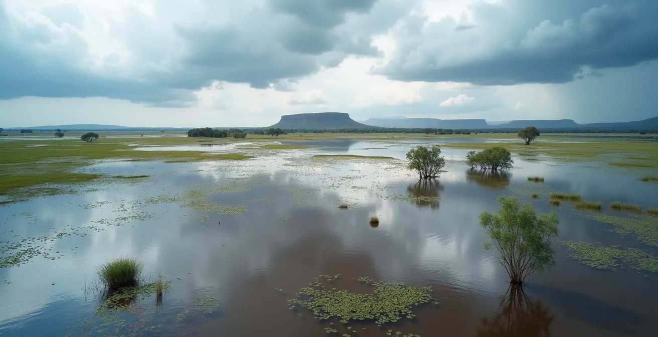 Aerial view of flooded Kakadu wetlands during wet season with distant escarpments