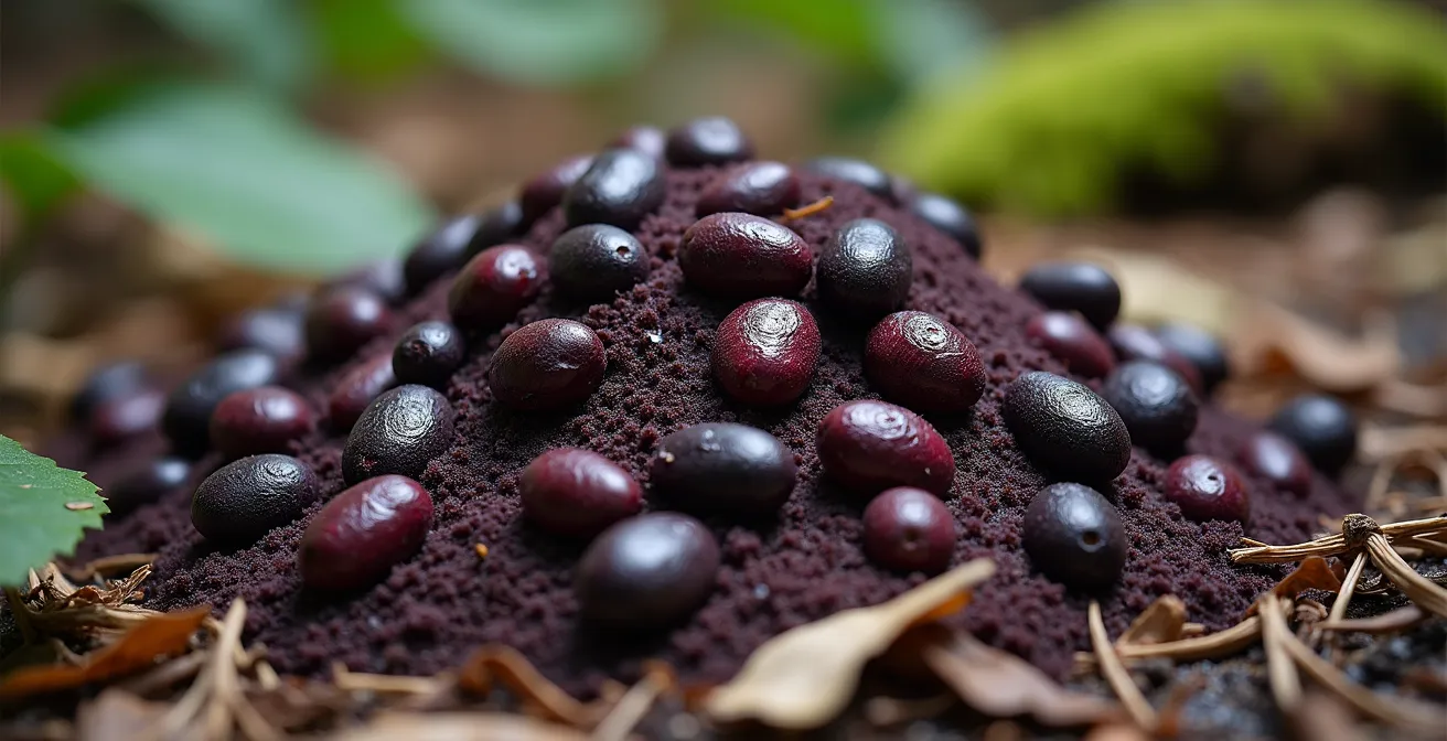Extreme close-up of fresh cassowary droppings showing large seeds and purple fruit pulp on rainforest floor