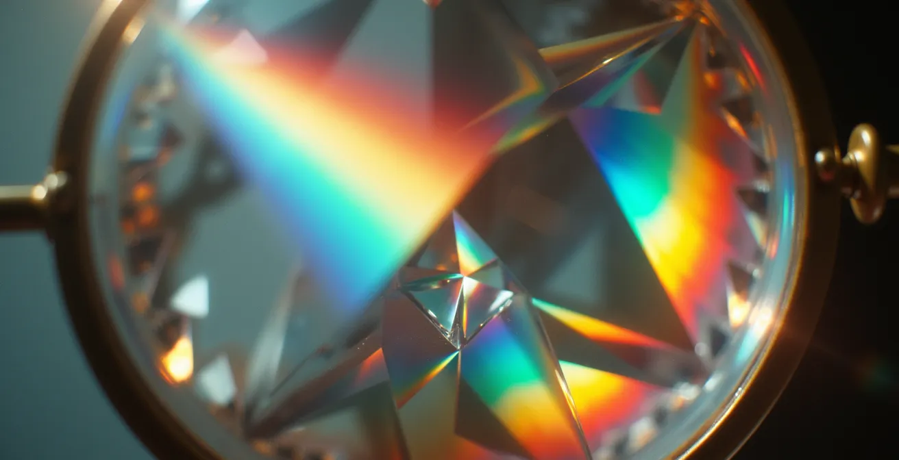 Close-up view of a historic Fresnel lens showing intricate prismatic glass patterns