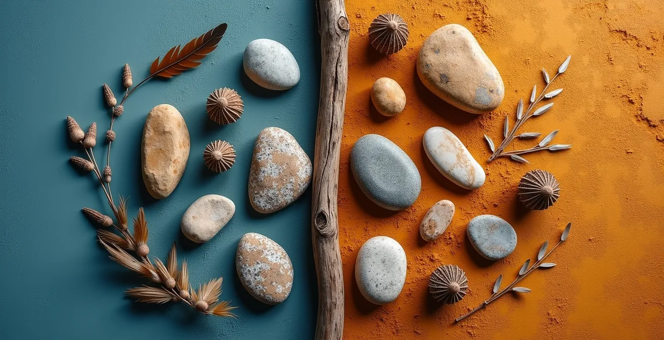 Split composition showing complementary ceremonial spaces representing balanced knowledge systems