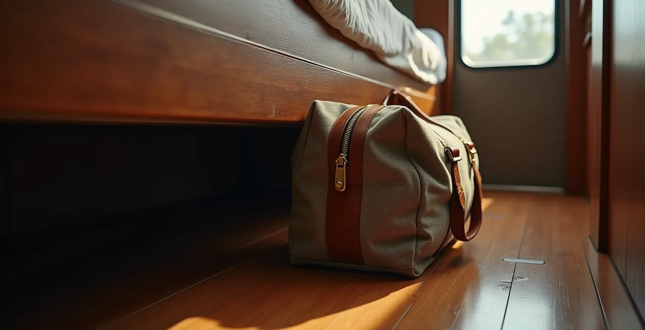 Soft travel bag stored under train cabin bed showing limited storage space