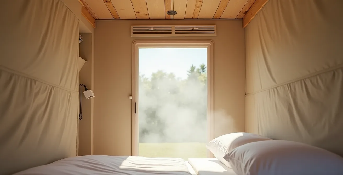 Well-ventilated glamping ensuite pod with separate airflow system