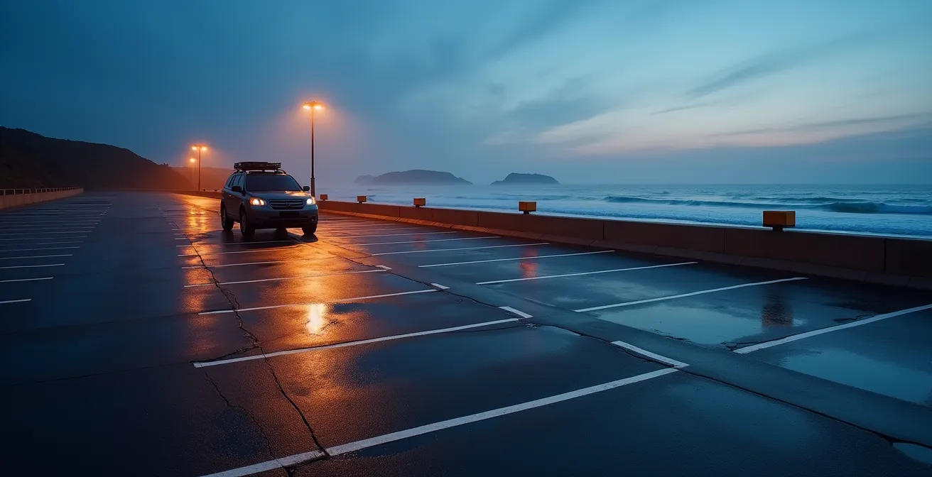 Aerial view of empty parking spots near surf break during golden hour