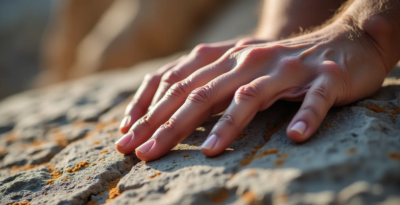 A small group respectfully follows an Aboriginal guide through an ancient landscape, practicing deep listening.