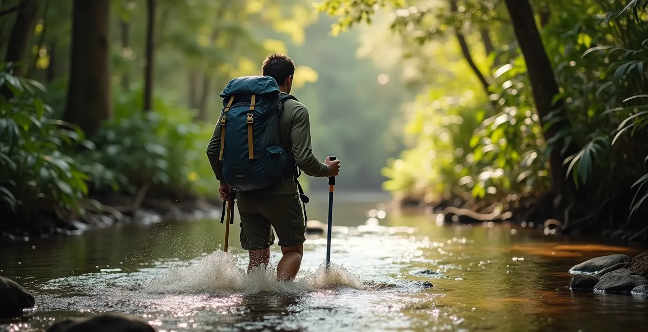 Hiker crossing creek with heavy backpack on rugged Australian trail