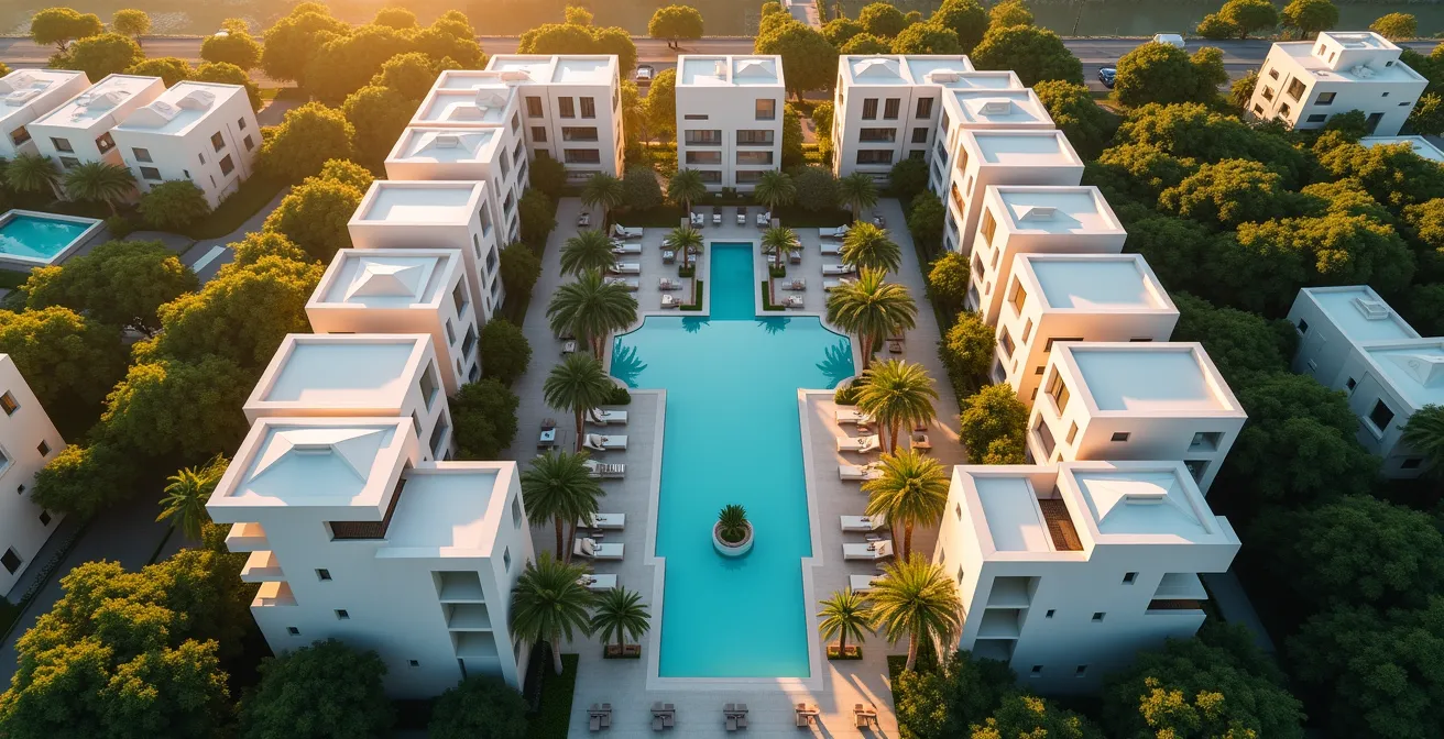 Aerial perspective of a resort layout showing different room blocks for strategic selection.