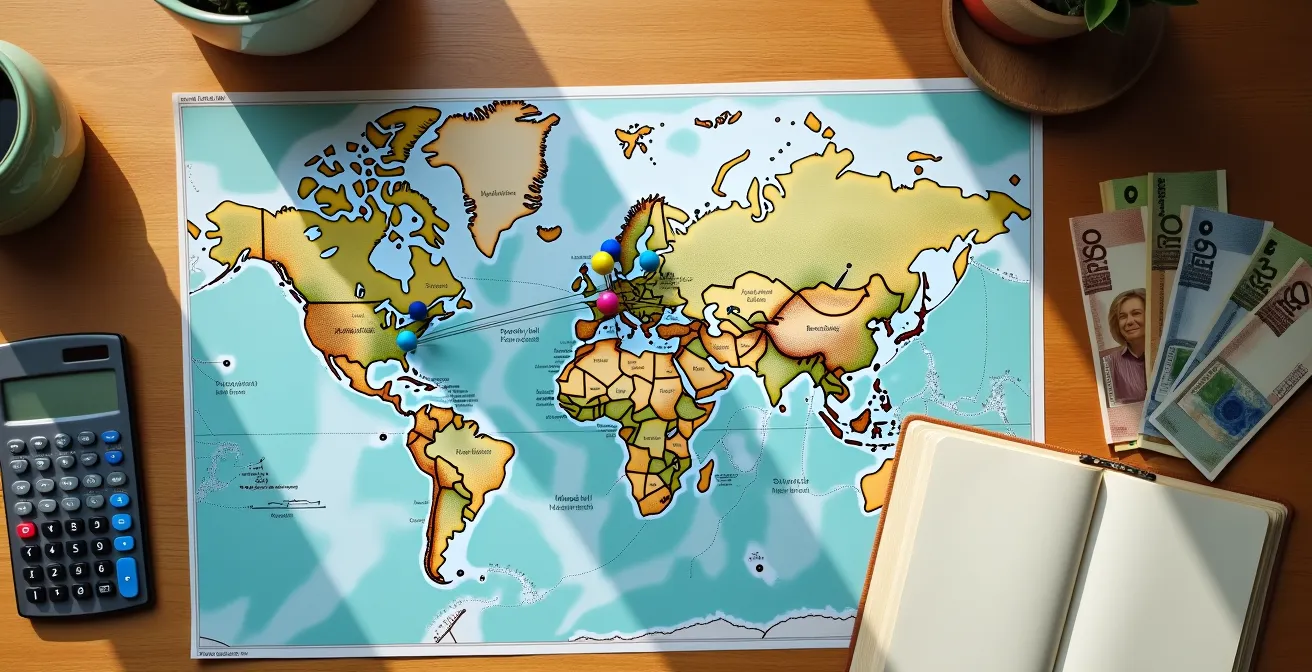 Overhead view of travel planning materials including maps of Australia with marked accessible hubs