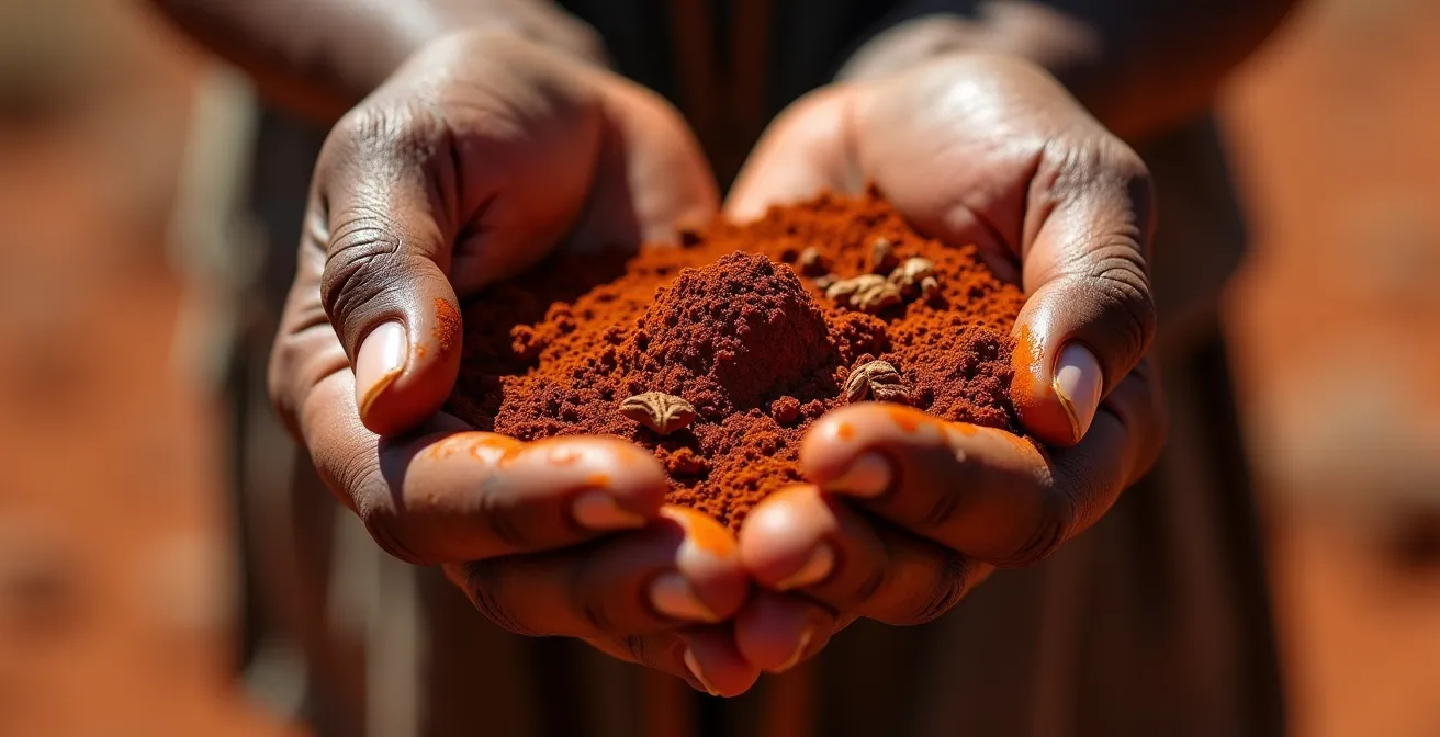 Indigenous elder performing traditional ceremony in sacred Australian landscape