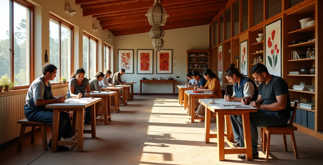 Aboriginal Art Centre with artists creating traditional artwork in community setting