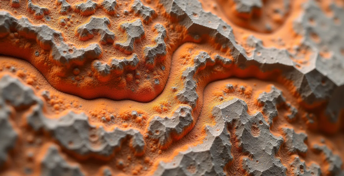 Extreme close-up of ancient ochre pigment on weathered sandstone surface