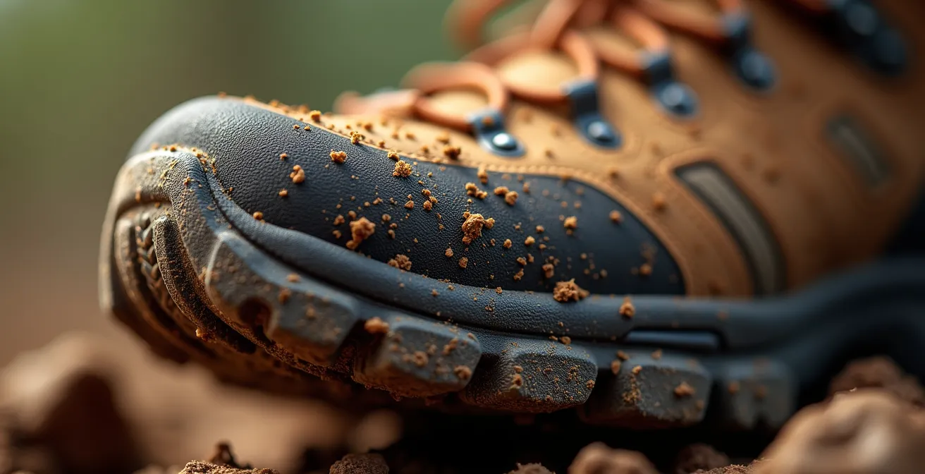 Extreme close-up of hiking boot sole showing soil particles and seeds