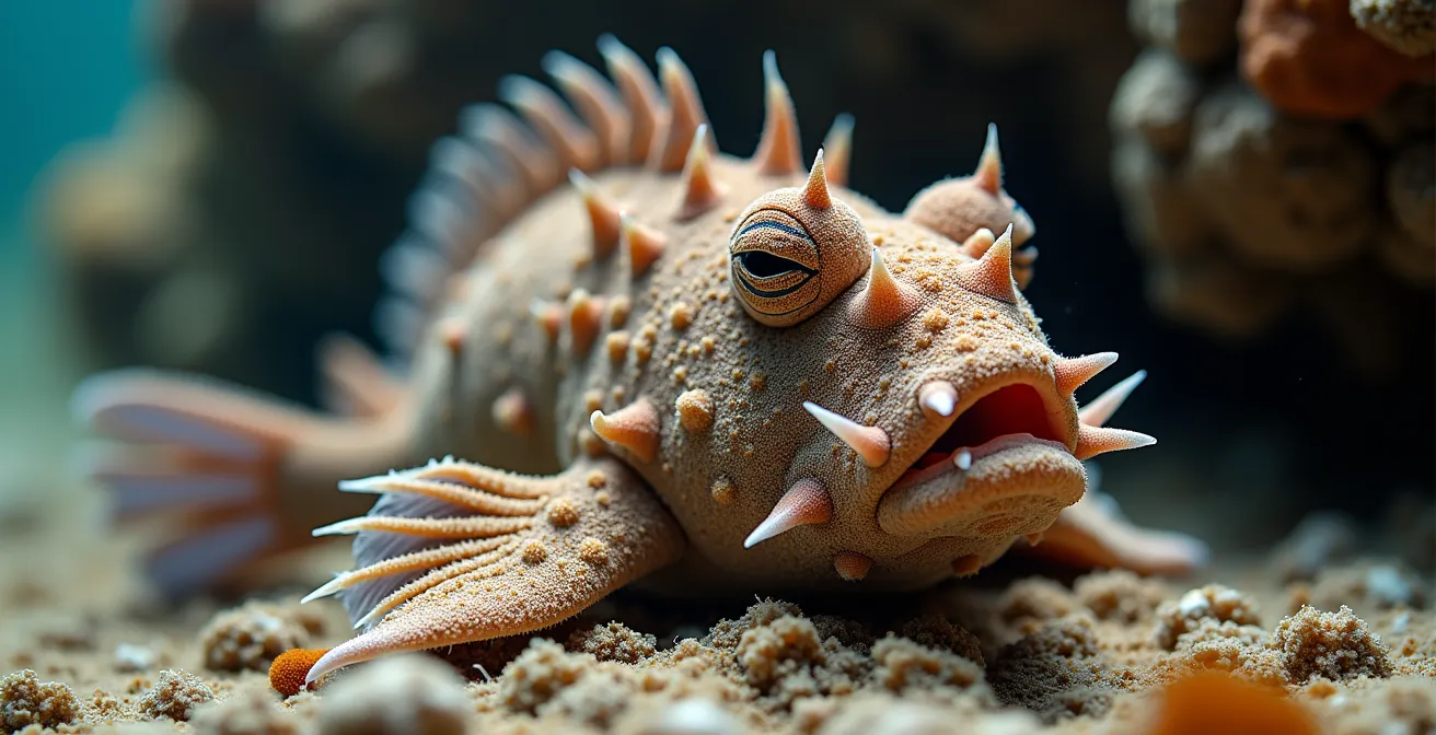 Extreme close-up of perfectly camouflaged stonefish among coral rubble showing deadly spines