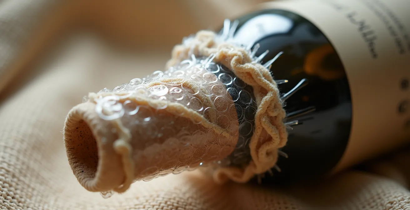 Close-up detail of protective wine packaging materials showing texture and layers