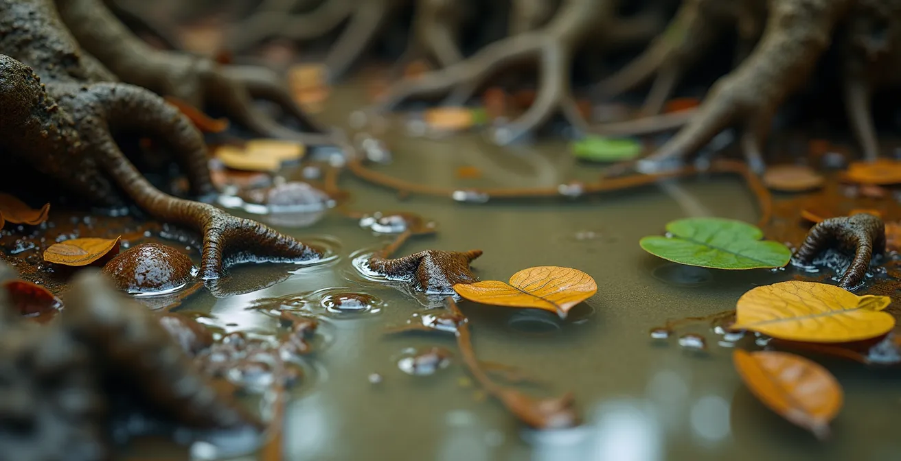 Aerial view of a mangrove swamp with pools of stagnant brackish water, the primary breeding habitat for Ross River virus vectors.