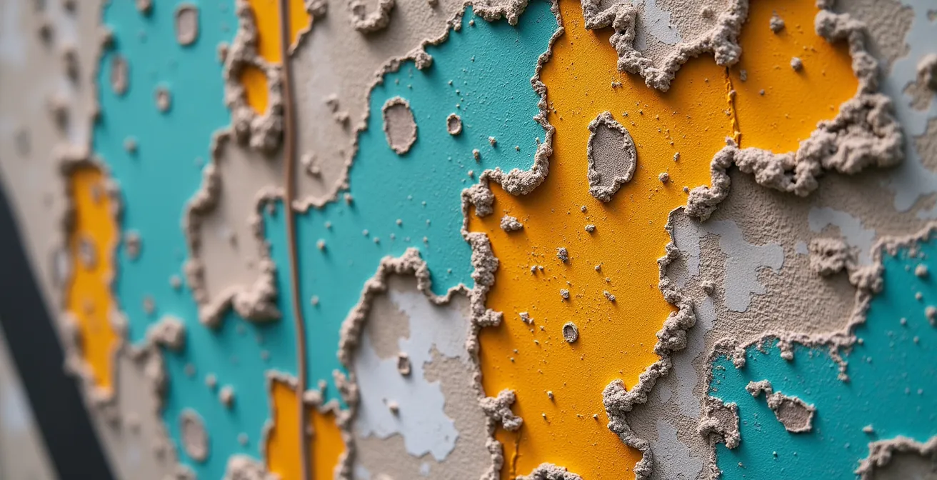 Close-up of layered street art textures showing artistic evolution over time