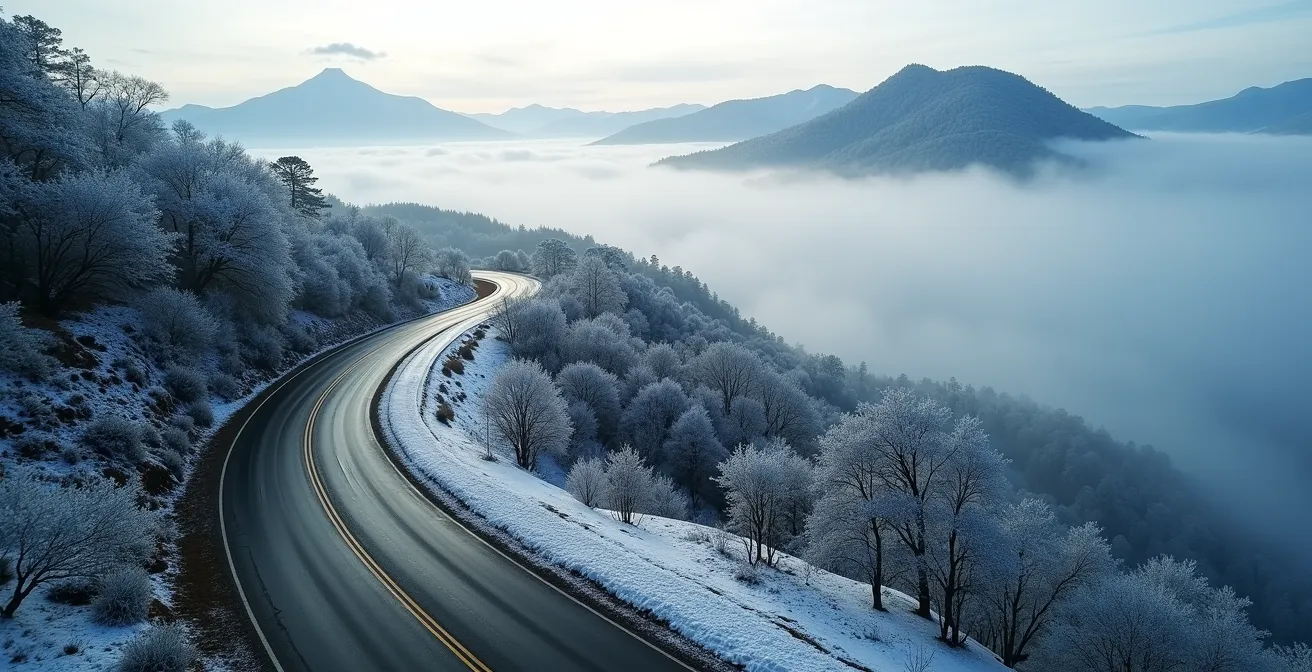 Winding mountain road with snow-capped peaks in winter
