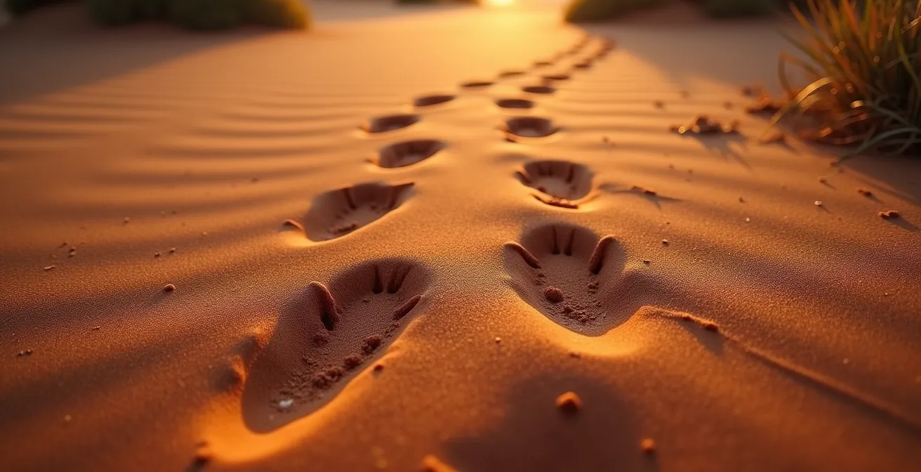 Macro shot of bilby tracks in red sand with evening shadow patterns