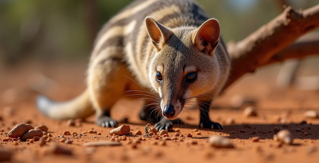 Numbat foraging near termite mound in Australian bushland during daylight