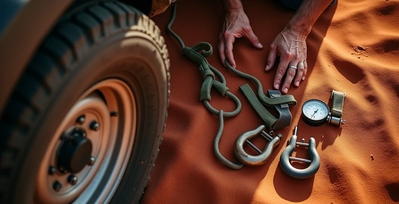 Recovery gear laid out beside 4WD vehicle in Australian desert at sunset