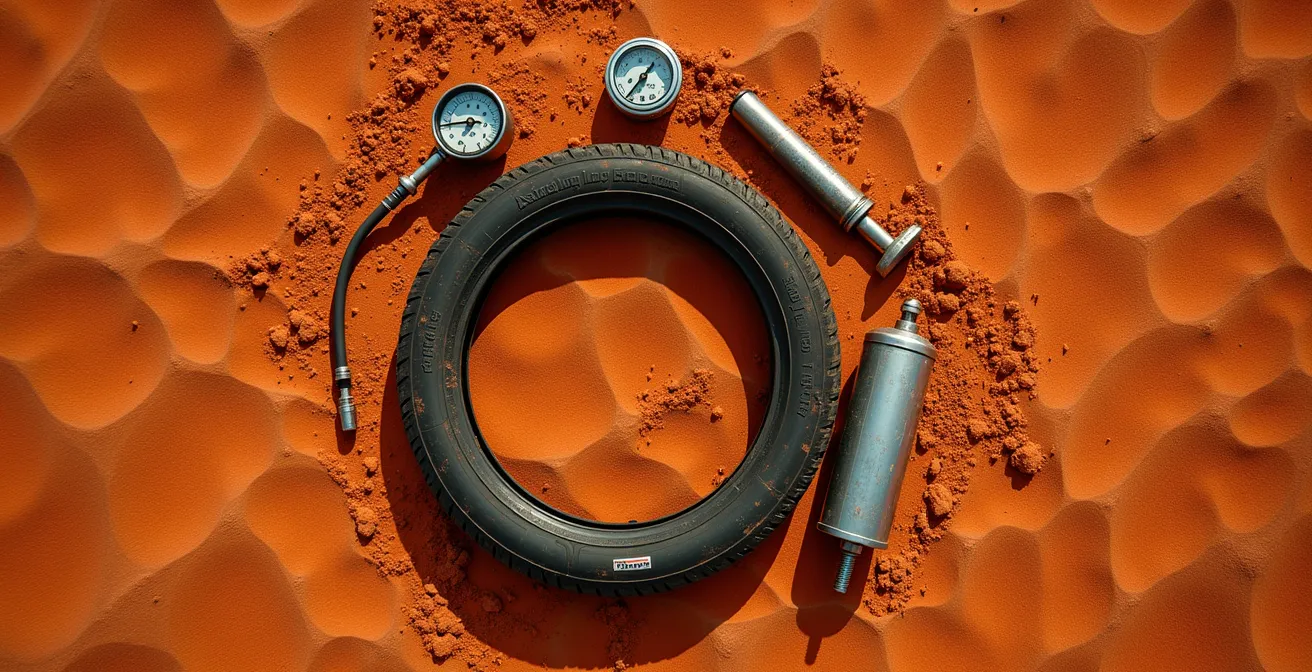 Essential tire repair tools laid out for Australian outback driving