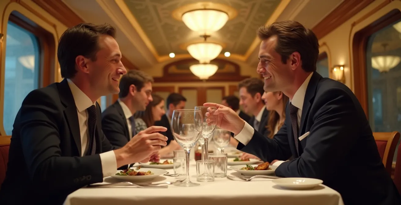 Elegant train dining car interior with white tablecloths and art deco details