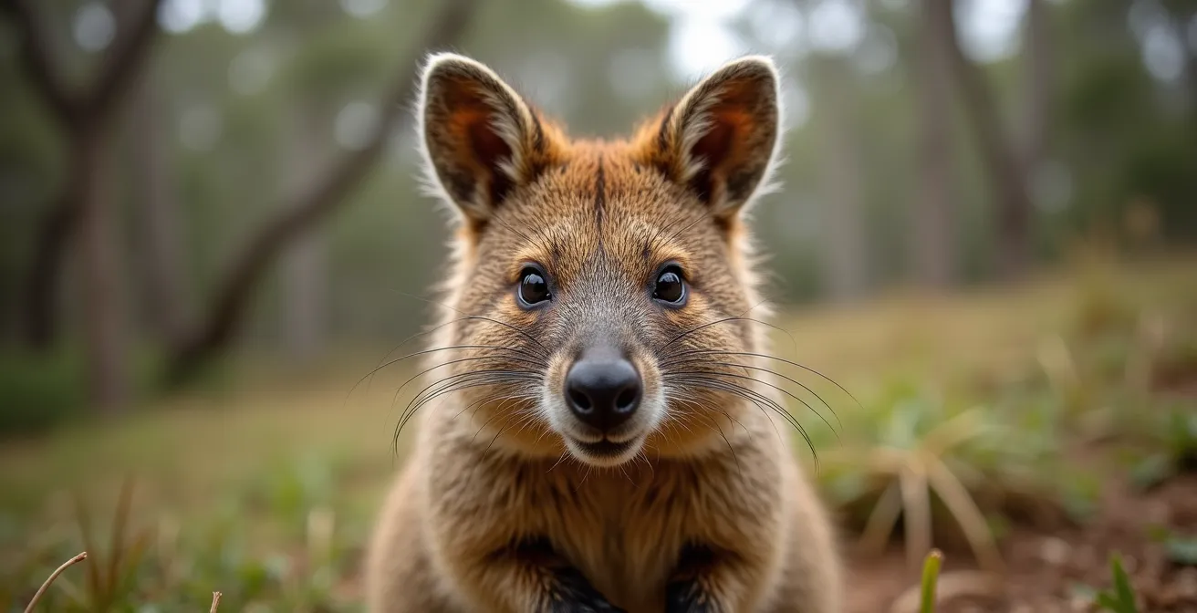 Extreme close-up macro shot of a quokka's face showing flattened ears and defensive posture