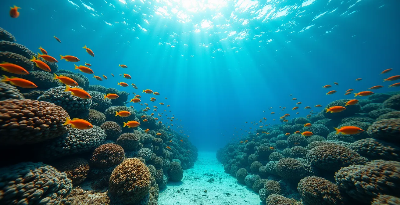 Underwater split view showing dense fish populations near green zone boundary spreading into adjacent areas